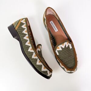 Tabitha Simmons Olive Green Crocheted Loafers with White & Brown Trim